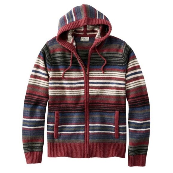LL Bean Mens S Ragg Wool Cardigan Striped Hooded Sweater Chunky Cabin Lodge - Picture 1 of 11
